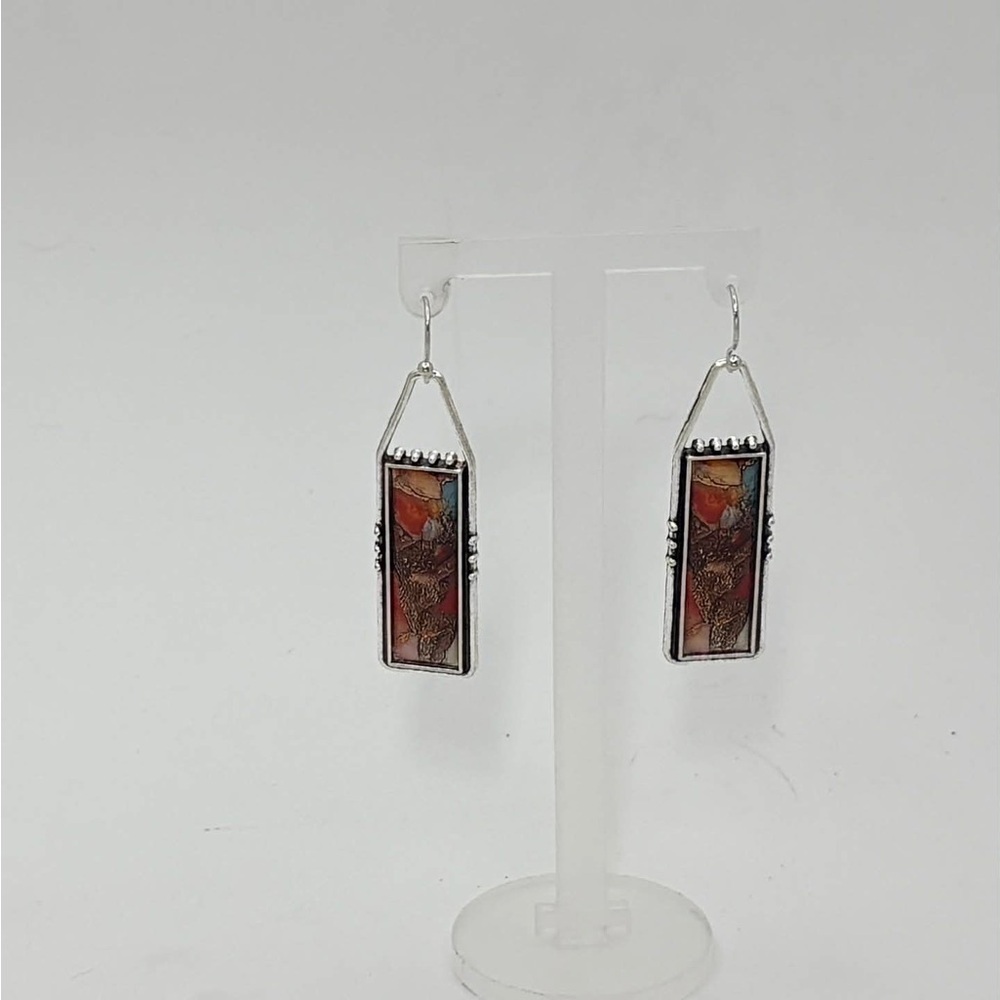 Red & Copper Tone Drop Earrings – Silver Tone Statement Earrings